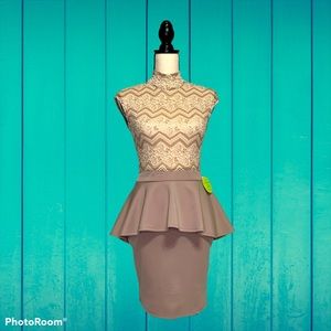 Windsor Tan Lace High Neck, Keyhole Peplum Dress